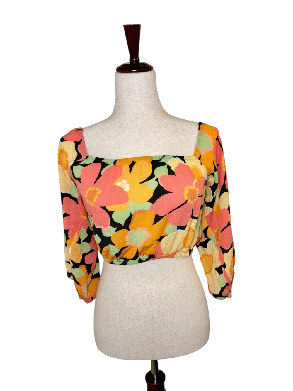 Billabong Orange Floral Crop Top Square Neck Boho Festival Beach Small